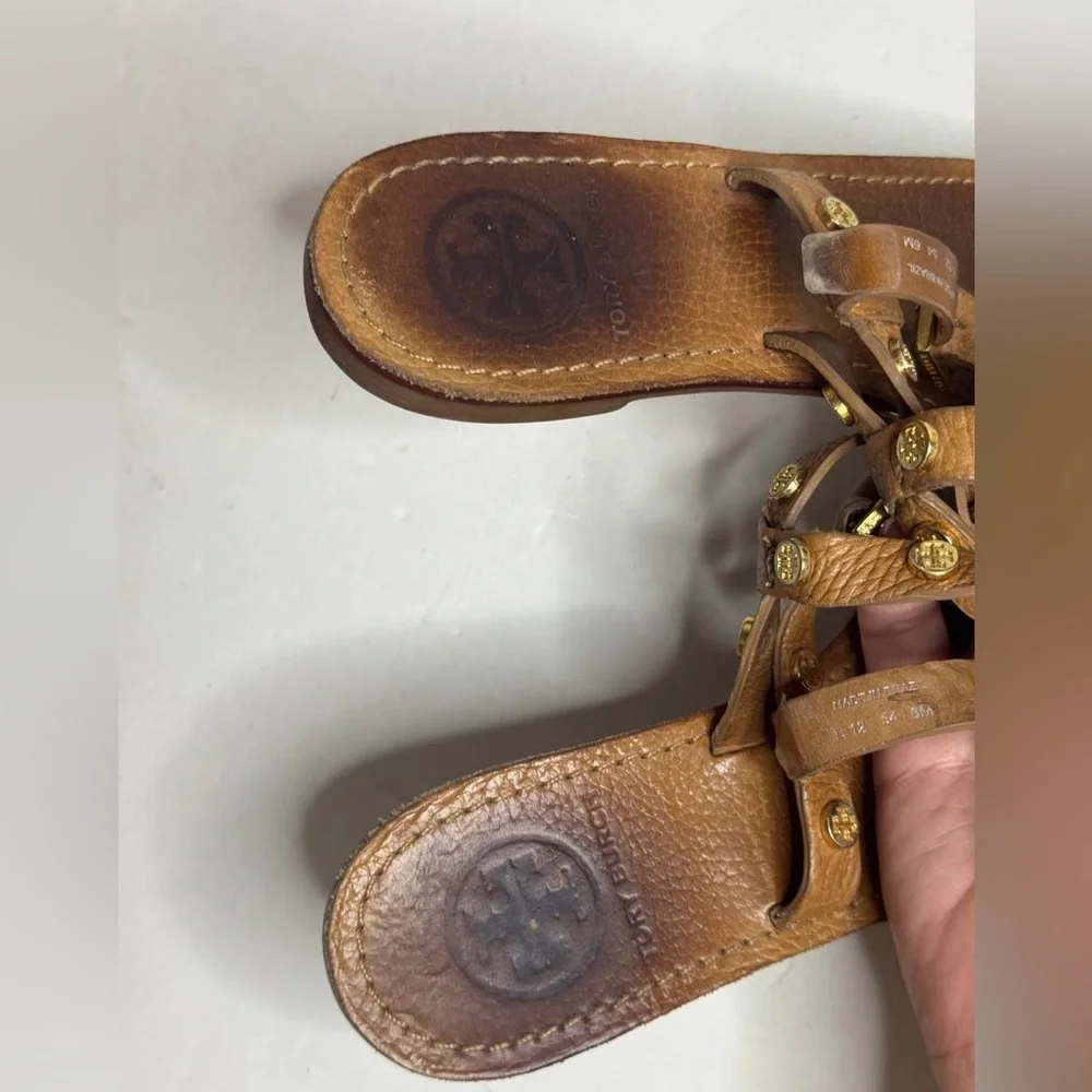 Tory Burch Womens Leather Ankle Strap Sandals Sz US 6 T Strap Logo